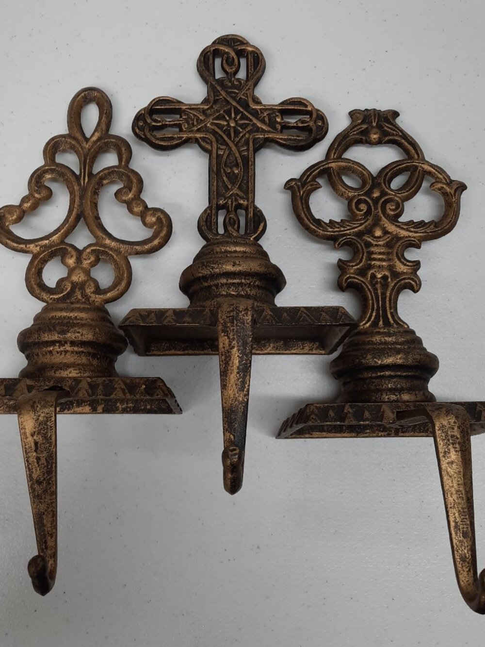 Heavy Cast Iron Christmas Stocking Holders Mantel Hooks Set of 3 Ornate Cross